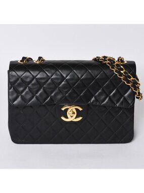Chanel Maxi Quilted 34 S Flap Chain Shoulder Bag CC Logo Lambskin Black